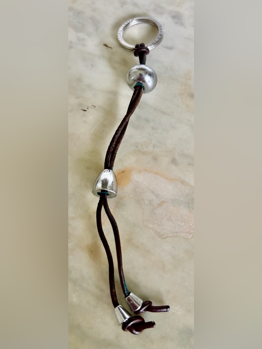 Georg Jensen Brown Leather Cord   Key Chain with Silver Slide Beads 18.16g